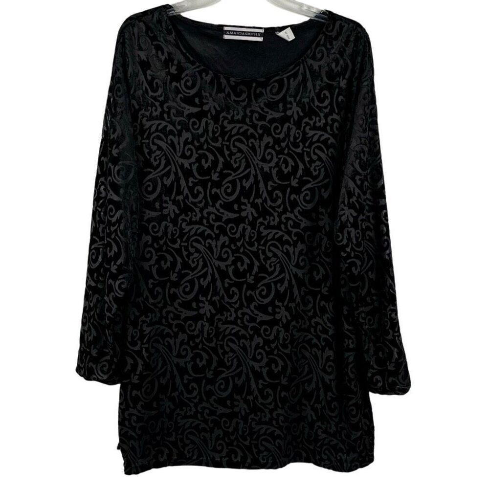 Amanda Smith Black Textured Paisley Velvet 2X Blouse